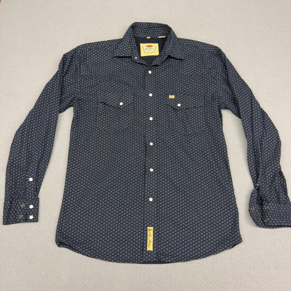 Larry Mahan Pearl Snap Shirt Mens Large Dark Blue Geometric Cowboy Western Retro